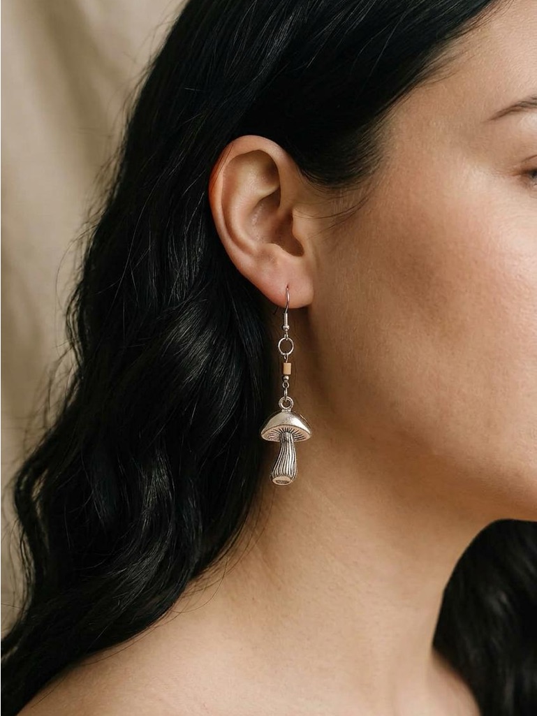 Silver Tone Mushroom Drop Earrings  Silver Tone